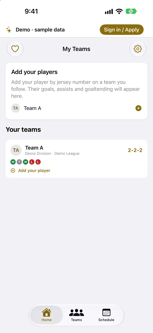 Home screen with your followed team and its recent results